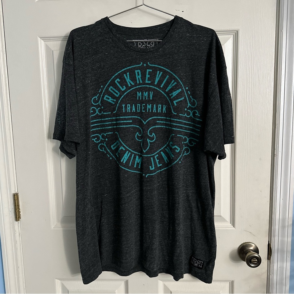 Rock Revival Denim Jeans T-Shirt Men’s XXL Charcoal Space Dye Teal RR